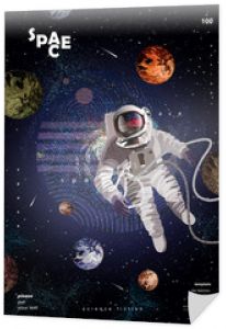 science fiction, ilustracja wektorowa astronauty w kosmosie, księżyc i planeta na rozgwieżdżonym nocnym niebie, szablon projektu nowoczesnego plakatu lub okładki magazynu