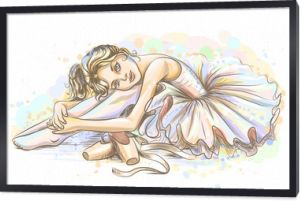 Balet. Odręcznego szkicu cute little marzycielski baleriny dziewczyna w tutu z pointe buty na białym tle z plamami akwarela.
