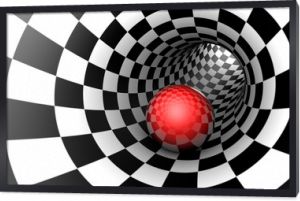 Czerwona piłka w szachowym tunelu. Określenie z góry. Przestrzeń i czas. Ilustracja 3D.