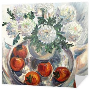 Rysunek jasnych białych kwiatów, czerwona persimmon