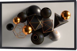Klaster abstrakcyjnych sfer i brył, złoto, biel i czerń, renderowanie 3d