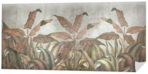 Liście tropikalne na szarym tle. Malowane liście banana. Tapety fotograficzne do wnętrza. Wystrój pokoju. Fresco do wnętrza.