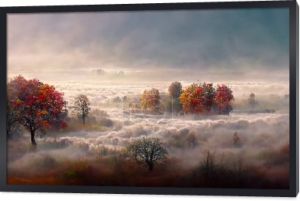 Amazing foggy autumn landscape. Idyllic, peaceful, misty wild nature scenery. Beautiful season fall background. Digital art.