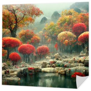 Chinese autumn landscape with autumn trees and majestic mountains. Idyllic and amazing nature scenery. Beautiful season fall background. Digital art.