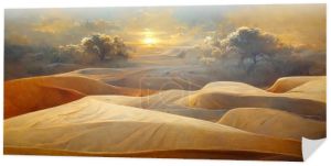 Desert landscape with impressive sand dunes at sunset. Fantasy desert landscape background with oasis and blooming trees. Digital art.