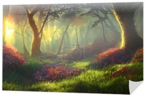 Dawn 's Enchantment "to czarujący ilustratorski obraz fantastycznego krajobrazu. Scena rozgrywa się w bujnym lesie, gdzie wysokie drzewa bioluminescencyjne emitują miękkie, eteryczne światło. Ziemia jest pokryta żywym dywanem mchów i wildflo