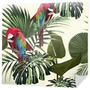Tropikalny kwiatowy nadruk. Papuga ptak w dżungli w egzotycznym lesie, wzór na modę, tapetę i wszystkie nadruki na jasnym tle.
