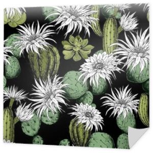 Wzór z zielonych sukulentów, kaktusów i kwiatów. Ręcznie rysowane wektor na czarnym tle.