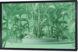 Minimalna scena z podium, palmami tropikalnymi, liśćmi i abstrakcyjnym tłem. Pastelowy niebieski i zielony sceny kolorów. Trendy 3d renderowania na banery social media, promocja, pokaz produktów kosmetycznych.