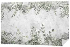 tropikalne drzewa i liście w mglistym projekcie tapety leśnej - ilustracja 3D