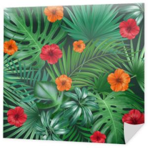 Bezszwowe ręcznie rysowane tropikalny wektor wzór z jasnych kwiatów hibiskusa i egzotycznych liści palmowych na ciemnym tle.