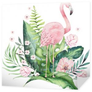 Ręcznie rysowane akwarela tropikalnych ptaków zestaw flamingo z liśćmi. Egzotyczne ilustracje ptaków róży, liść drzewa dżungli, zaproszenie na weddihg. Idealny do projektowania tkanin. Kolekcja Aloha.