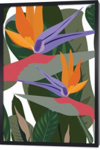Rajski ptak kwiaty z tropikalnym zielonym liściem na białym tle. Fajny afrykański kwiat żurawia lub strelitzia reginae kwiatowa tkanina. Stockowa ilustracja wektorowa.
