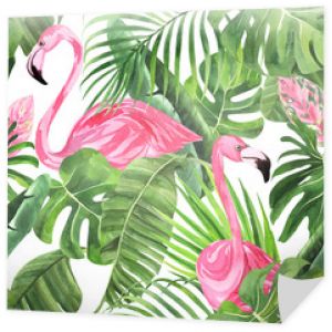 Dżungla na białym tle wzór z tropikalnych liści, banan potwór palmowy, flaming na na białym tle. Tkanina tapeta tekstura wydruku. Ilustracji.