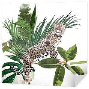 Pełen wdzięku Lampart i kompozycja liści tropikalnych palm. Kot sawannowy. Elegancki wzór bez szwu, ręcznie rysowane styl nadruku na t-szorty.