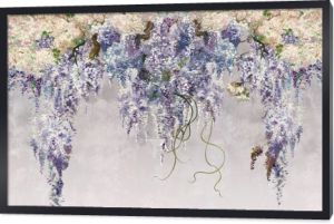 Piękne liliowe gałęzie na betonowym szarym tle vintage. Liliowe kwiaty. Kwitnący liliowy. Kwiatowe tło w poddaszu, nowoczesny styl. Projekt ścienny, kartka, pocztówka, tapeta, tapeta fotograficzna.