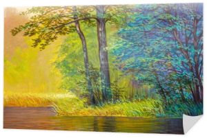 Malarstwo olejne krajobraz, kolorowy letni las, piękna rzeka .