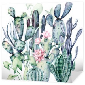 Kaktusy wzór, tło akwarela, ręcznie rysowane ilustracja kwiat. Rośliny idealne do projektowania naklejek, kartek okolicznościowych, tapet, tła, witryn, blogów, banerów. Na białym tle. Kolekcja kaktusów.