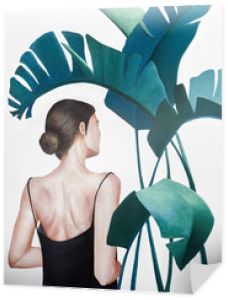 akrylowy obraz kobiety z zielonymi roślinami