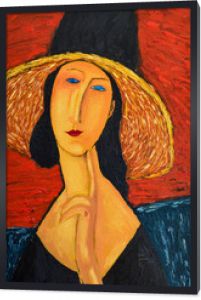 Piękny obraz portret olejny na płótnie. Portret kobiety w kapeluszu. O motywach malarstwa Amedeo Modigliani