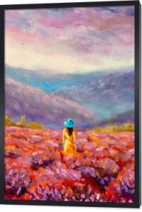 Piękna dziewczyna w lawendowym fioletowym polu kwiatów - obraz olejny Letni włoski krajobraz