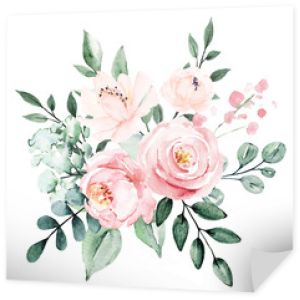 Kwiaty akwarela, kwiatowy kwiat clipart. Bukiet róż i bordo doskonale nadaje się do nadruku na zaproszenia, kartki, fototapety i inne. Na białym tle. Malowanie ręczne.