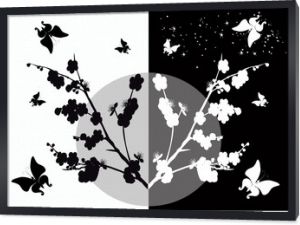 wiśniowe kwiaty i motyle sylwetka na białym i czarnym
