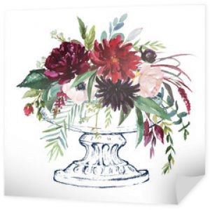 Akwarela ręcznie malowane ślub romantyczna ilustracja na białym tle - vintage wazon / garnek kwiatów. Kompozycja kwiatowy bukiet. Różowe piwonie, rumiane zawilce, bordowe róże. Gotowa dekoracja.