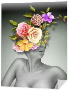 3d wallpaper, Lady, bouquet of flowers on gradient background