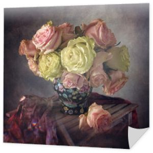 Still life with a fresh roses in a vase on a dark brown textural background. Soft focus.