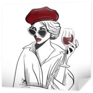 kobieta w czerwonym berecie z lampką wina