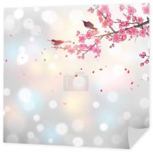 Dwa ptaki na kwitnącej gałęzi drzewa sakura na białym, świecącym tle. Tradycyjne orientalne malowanie atramentem sumi-e, u-sin, go-hua. Hieroglif - radość.