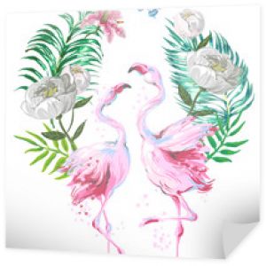 Piękna kompozycja różowego flaminga z liśćmi zwrotnikowymi, kwiatami i motylem na białym tle.Projekt walentynkowy