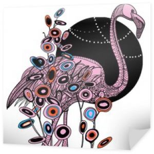 Stylish illustration with flamingo on the background of the golden sun. Postcard, print on the shirt. Meditative coloring with many details. Vector drawing.