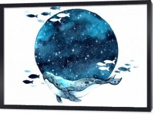 Wieloryb pływanie na nocnym niebie wśród gwiazdy akwarela ręcznie malowanie tła.