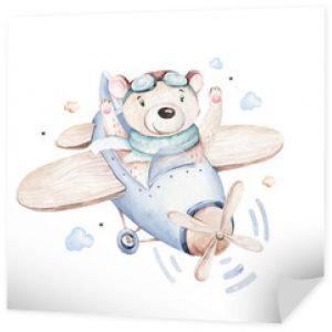 Akwarela zestaw kreskówka dla dzieci ładny pilot lotnictwa tło ilustracja fantazyjnego transportu nieba wraz z samolotami balony, chmury. dziecinny wzór chłopca. To ilustracja z baby shower