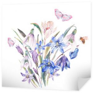 Akwarela wiosenny bukiet z niebieskimi kwiatami i przebiśniegami