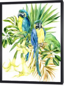 Akwarela bukiet z tropikalnych zielonych liści, Schefflera, palm, brugmansia żółta, papugi, dziki ptak egzotyczny, ilustracja dżungli. Stockowa ilustracja do projektowania.