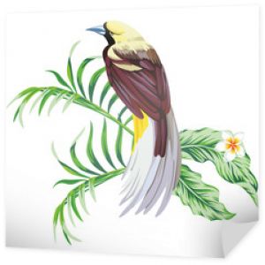 Tropikalny ptak z tapetą z nadrukiem roślin