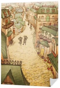Cobblestone City Ink Illustration-kapryśny rysunek tuszem romantycznego historycznego miasta, ciepłe odcienie sepii