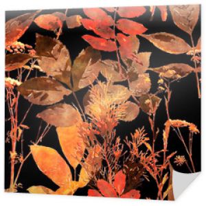 sztuka vintage akwarela kwiatowy wzór z monochromatycznymi pomarańczowymi i starymi złotymi liśćmi i trawami na czarnym tle