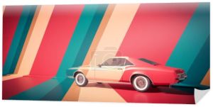 vintage car on colorful striped background. 3d render
