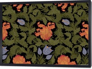 Kwiatowy vintage bezszwowy wzór do tapet retro. Zaczarowane Vintage Flowers. William Morris, Ruch Sztuk Pięknych i Rzemiosła inspirowany. Projekt do pakowania papieru, tapety, tkanin i odzieży modowej.