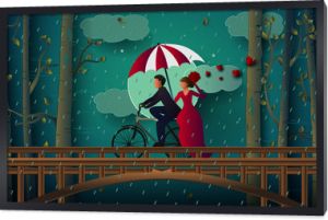 illustration of romantic couple riding bicycle at forest 
