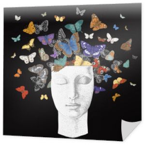 ..Butterflies from the head. Vector vintage classic illustration. Dark. Colorful..