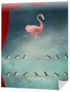 Wyróżnij się z tłumu – Flamingo i wróble w surrealistycznej scenie