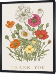 Vintage floral illustration. Bouquet. Flowers Poppies of various varieties. Thank you ..