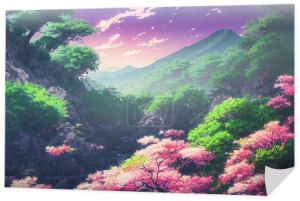 Japonia anime dekoracje tapety featuring piękne różowe drzewa wiśniowe i Mount Fuji w tle. Malowanie grafiki cyfrowej 3D renderowania