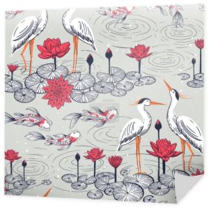 Vector seamless pattern with water lilies lotus flowers, cranes and koi fishes. Perfect for textile, fabric, wallpapers, graphic art, printing etc.