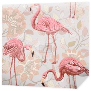 Flamingo na różowym tle. Wzór z flamingów i roślin tropikalnych. Wektor clipart. Kolorowy wzór Paisley dla tekstylnych, cover, papier pakowy, web